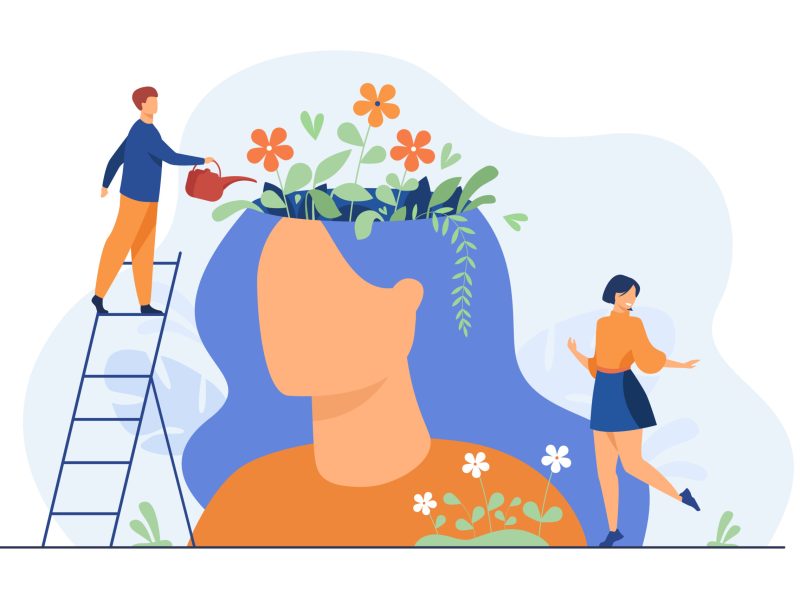 Tiny people and beautiful flower garden inside female head isolated flat vector illustration. Cartoon characters healing mind and soul for happy lifestyle. Mental health and infographics concept