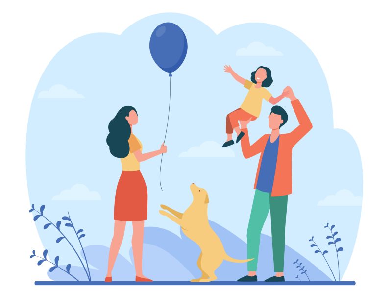 Happy parents with daughter having fun together. Dog, father, mother flat vector illustration. Family and parenthood concept for banner, website design or landing web page