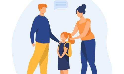 Parents preparing cute daughter to school. Love, study, backpack flat vector illustration. Education and parenthood concept for banner, website design or landing web page