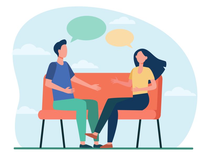 Young couple arguing at home. Man and woman sitting on couch and talking flat vector illustration. Conflict, relationship, communication concept for banner, website design or landing web page